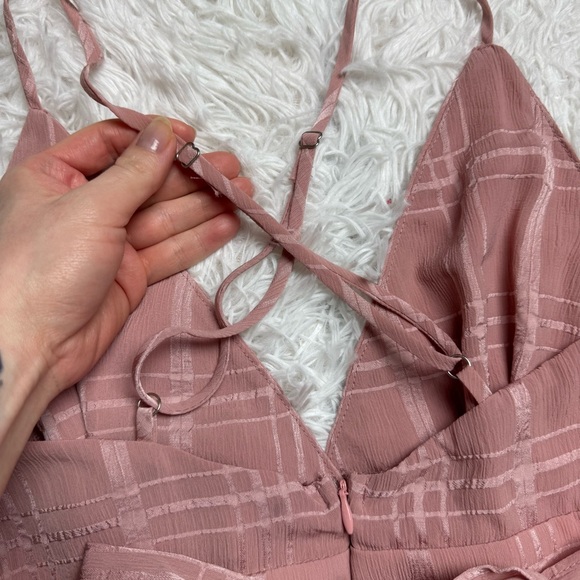Dusty Pink Romper | Frilly Mini Dress Spaghetti Straps V-Neck | Coquette - Picture 4 of 11